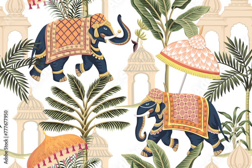 Indian elephant with umbrella, palm trees and architecture seamless pattern. Oriental vintage wallpaper