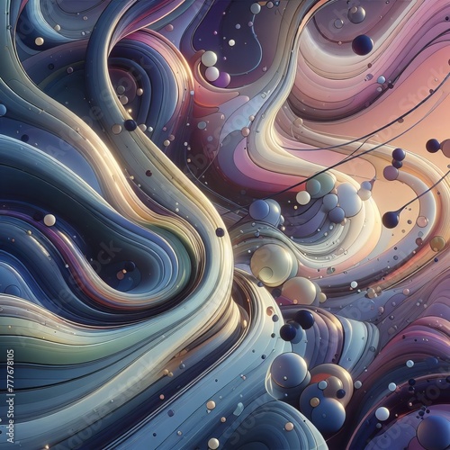 Dynamic Dance of Colorful Swirls and Spheres in a Harmonious Abstract Artistic Composition