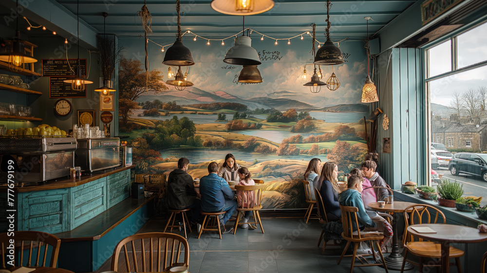 Fototapeta premium Cozy Countryside Café Interior with Customers Enjoying Scenic View