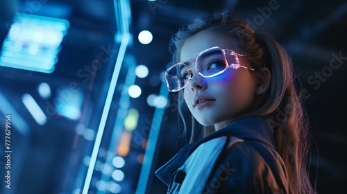 Girl embraces AR technology. Wonderful virtual world unfolds before her.