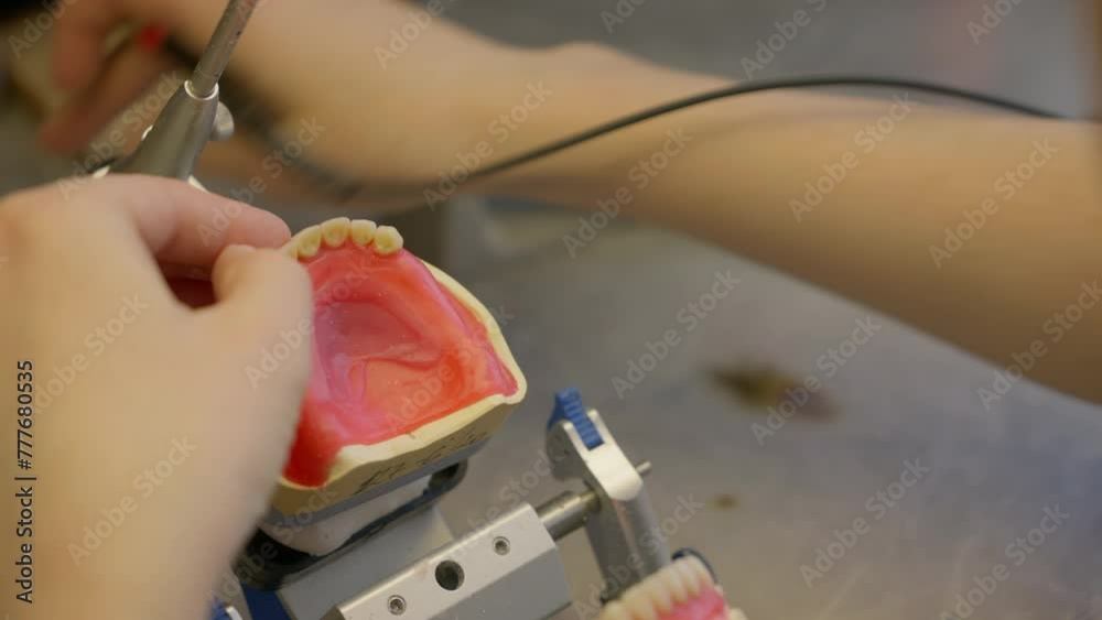 Applying the hot dental glue on the base to insert fake replacement