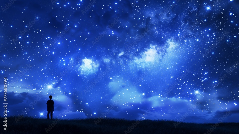 Naklejka premium Lone boy standing field gazing starry night sky stars nebulous clouds illustration