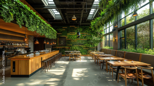 Modern Eco-Friendly Cafe Interior with Lush Greenery and Natural Light