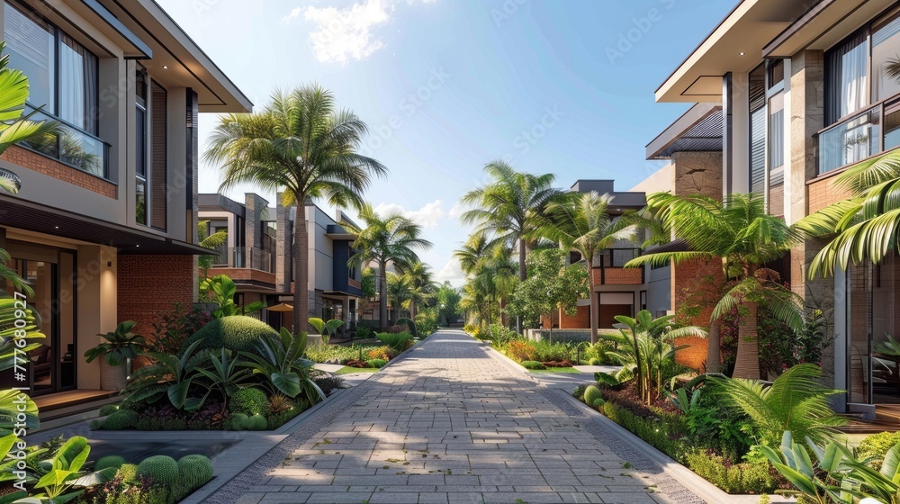 high-end luxury villas with a captivating 45 looking up angle, where the azure blue sky serves as the perfect backdrop to showcase opulent living at its finest.
