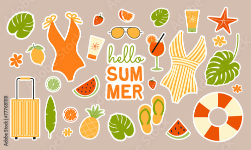 Hello summer. Set of cute summer stickers of swimsuits, glasses, fruits and tropical leaves. Vector illustration.