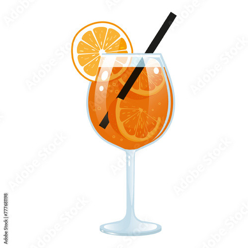 Aperol Spritz Cocktail. Glass with beverage, straw and orange slices.  Summer drink. Orange juice lemonade. Vector illustration.