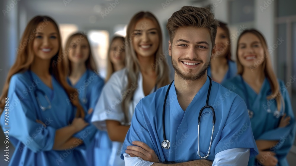 Portrait of a group of smiling medical students standing in a row Portrait of a group of smiling medical students standing in a row