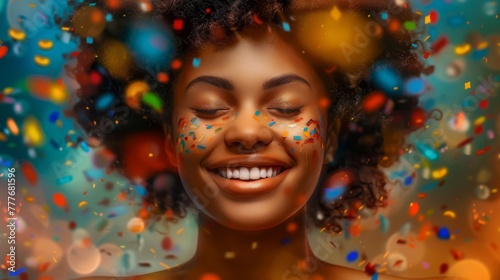 Portrait of a beautiful young african american woman with afro hairstyle and confetti