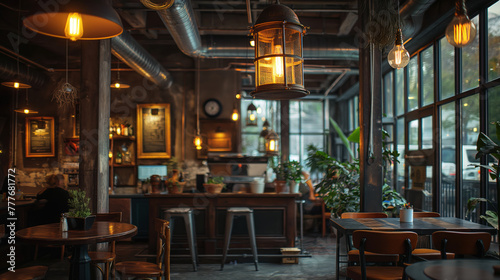 Cozy Industrial-Style Cafe Interior with Warm Lighting