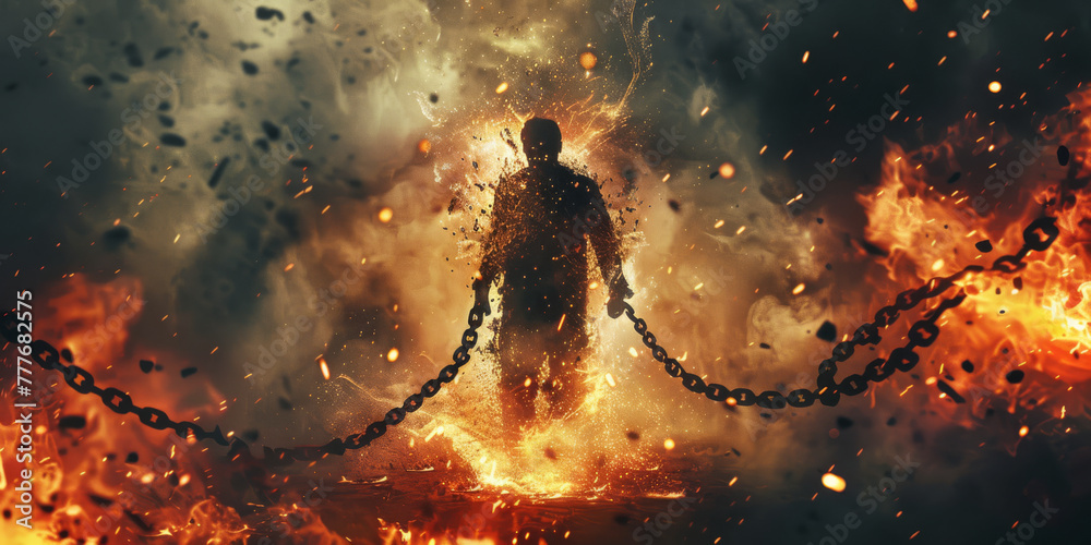 A man escapes from the chains, breaks the chains against the background of a fire and explosion. - obrazy, fototapety, plakaty 