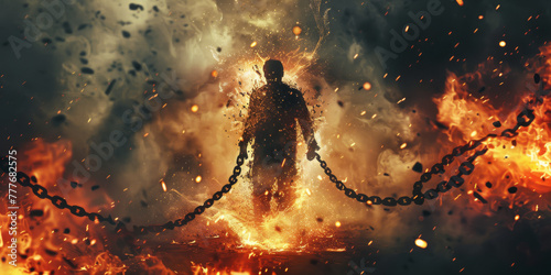 A man escapes from the chains, breaks the chains against the background of a fire and explosion.