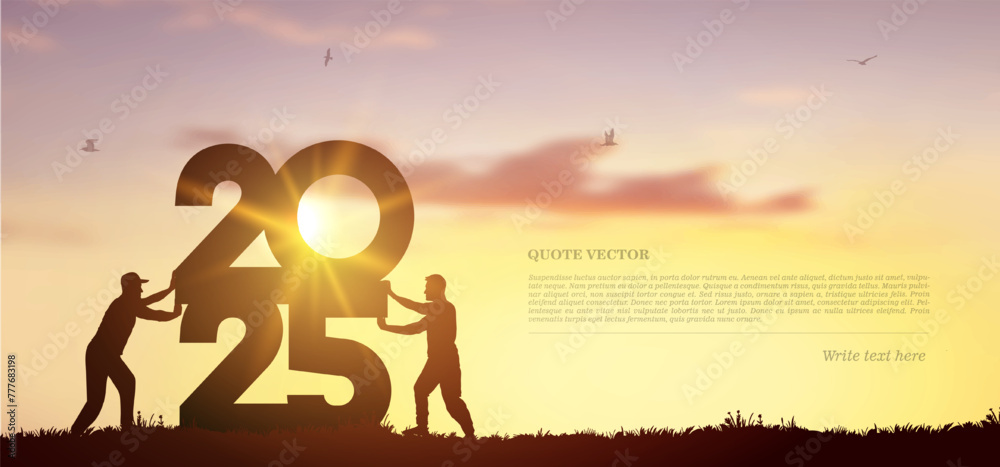 Silhouette two men pushing to connect jigsaw 2025 with sunlight and bright sky. 2025 Creative vector black symbol of business corporate teamwork to solutions, success and strategy concept illustration - obrazy, fototapety, plakaty 