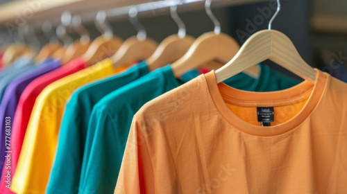 Colorful t-shirts hang gracefully on hangers, creating a cheerful and vibrant display.