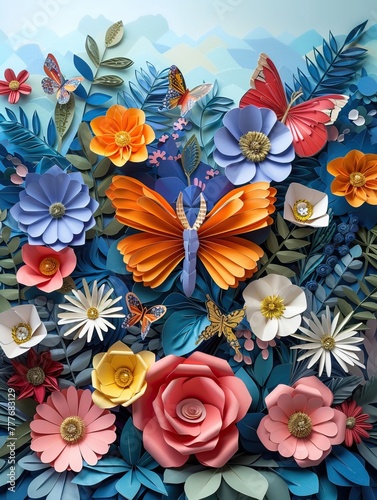 Serene paper art garden with intricate flowers and butterflies  a celebration of spring