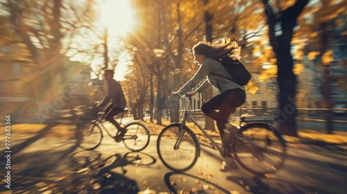 Two people cycling in autumn park at sunset