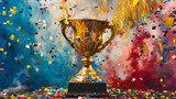 Winning champion cup background for golden cup award cup with streamers and confetti