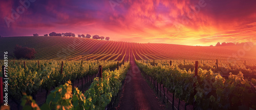 Beautiful purple sunset over the vineyard.
