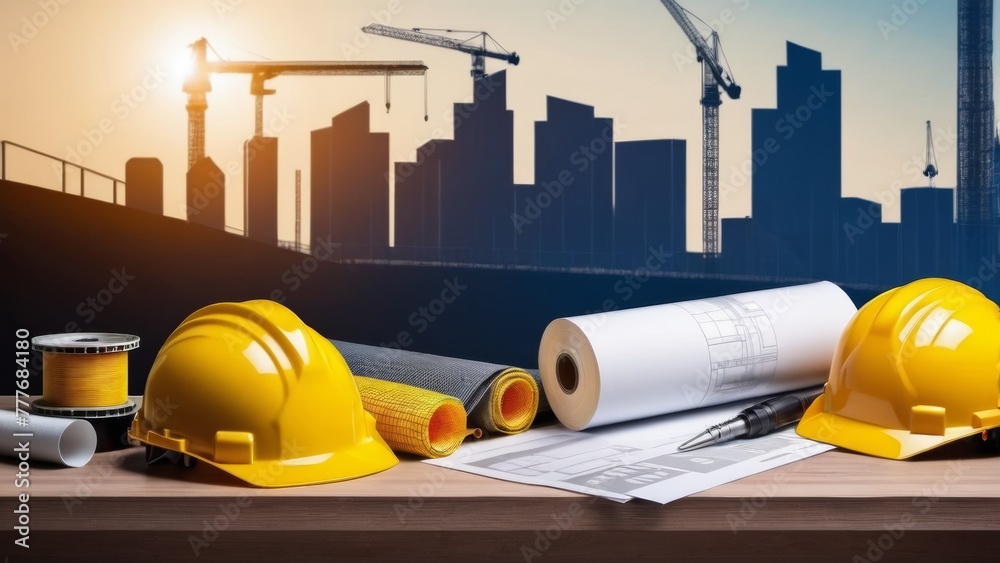 Construction site and construction accessories for a poster or brochure with a place for text or message