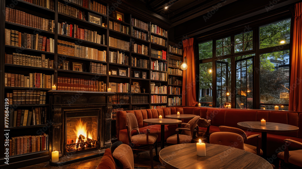 Cozy Bookstore Cafe Interior with Fireplace and Warm Lighting