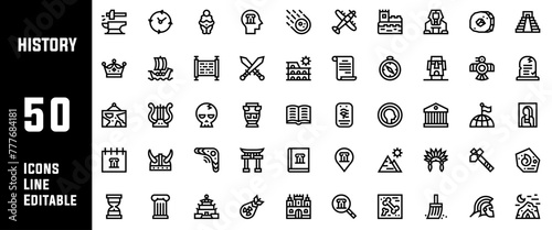 50 History Icons Set Line Editable Vector Illustration
