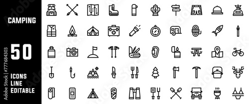 50 Camping Icons Set Line Editable Vector Illustration