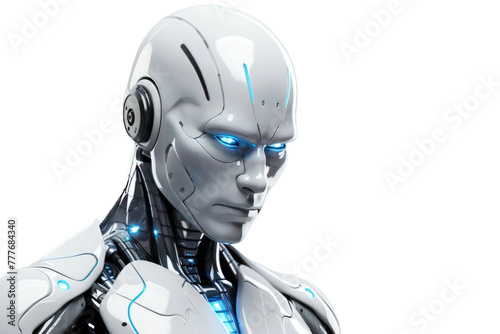 Robotic Melodies: A Cybernetic Being Engrossed in Sound. White or PNG Transparent Background.