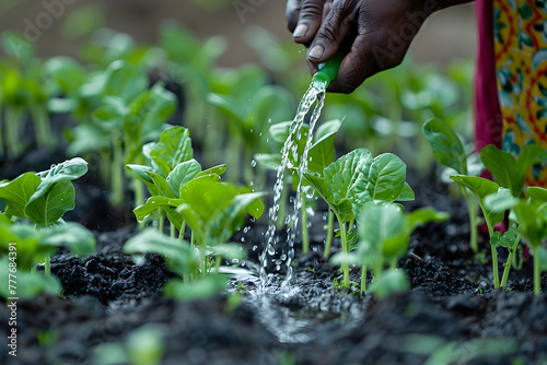 Farmers hand watering little plants in honor of world environment day #777684391