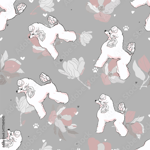 Grooming seamless illustration. Royal poodle and dog care products. Pattern for the groomer
