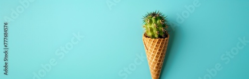 close up of a cactus in a wafel of an ice cream cone isolated on turquoise background photo