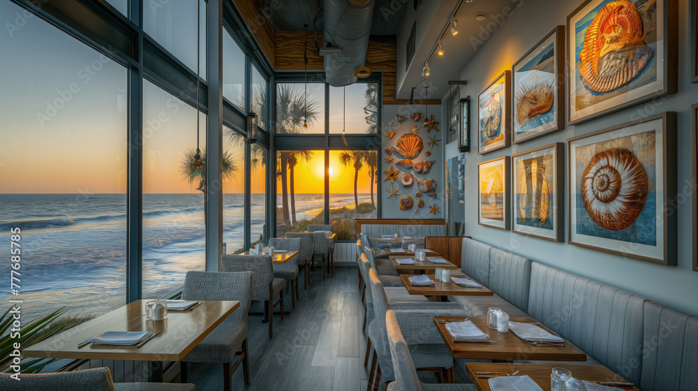 Fototapeta premium Coastal Sunset View from Seaside Restaurant Interior
