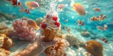 Close-up of a human hand underwater holding a ice cream cone. Little goldfish swim around her.
