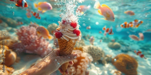 Close-up of a human hand underwater holding a ice cream cone. Little goldfish swim around her. #777685703