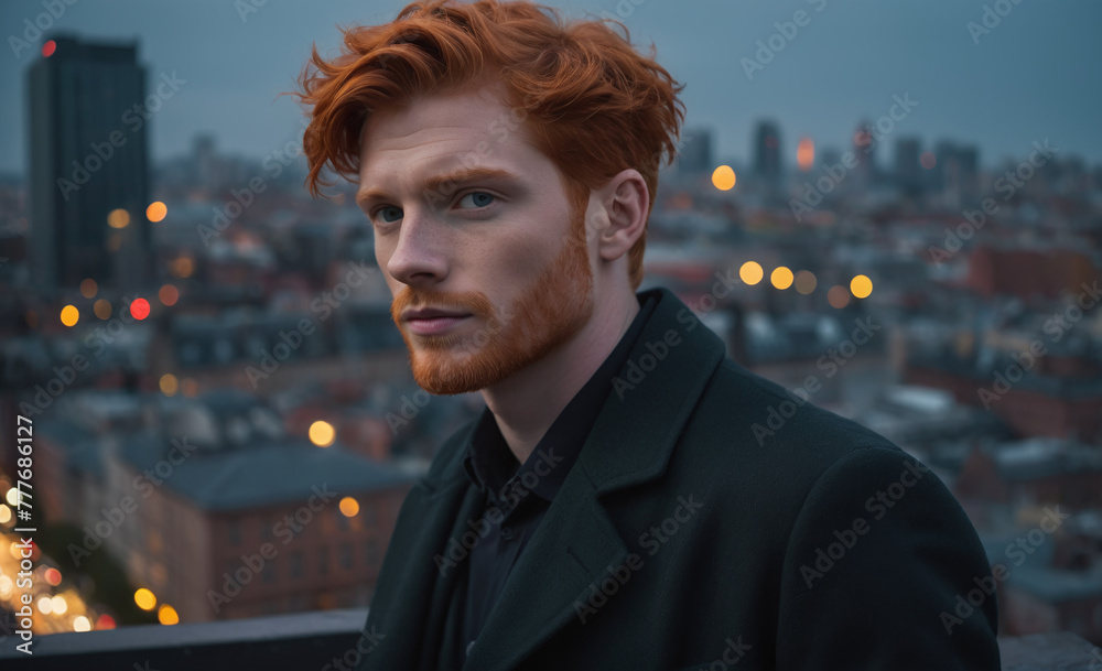 Portrait of a beautiful male red-haired model, a ginger model with a face of beauty and red hair, noir, contrast, color paint, multiple colors, city at background , detailed