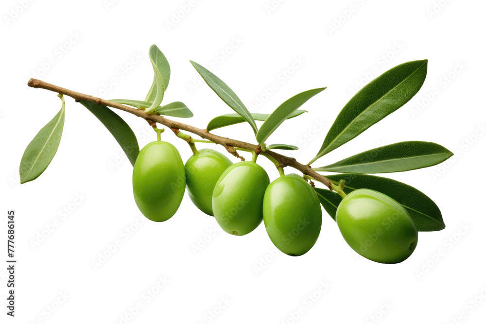 Verdant Delights: Green Olives and Leaves Dancing on a White Canvas. White or PNG Transparent Background.