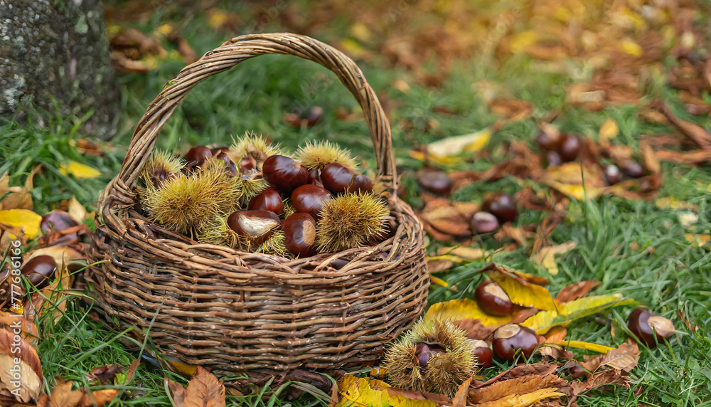 くり。栗拾い。かごにたくさん入った栗のイメージ。秋の風景。秋の味覚。chestnut. Picking chestnuts. An image of a basket full of chestnuts. Autumn landscape. The taste of autumn.