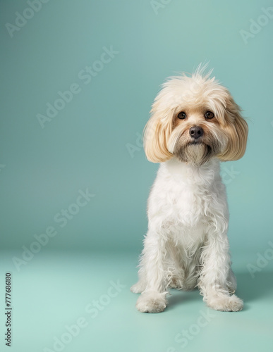 Fluffy White Dog Sitting Patiently Against a Teal Background in Studio Setting