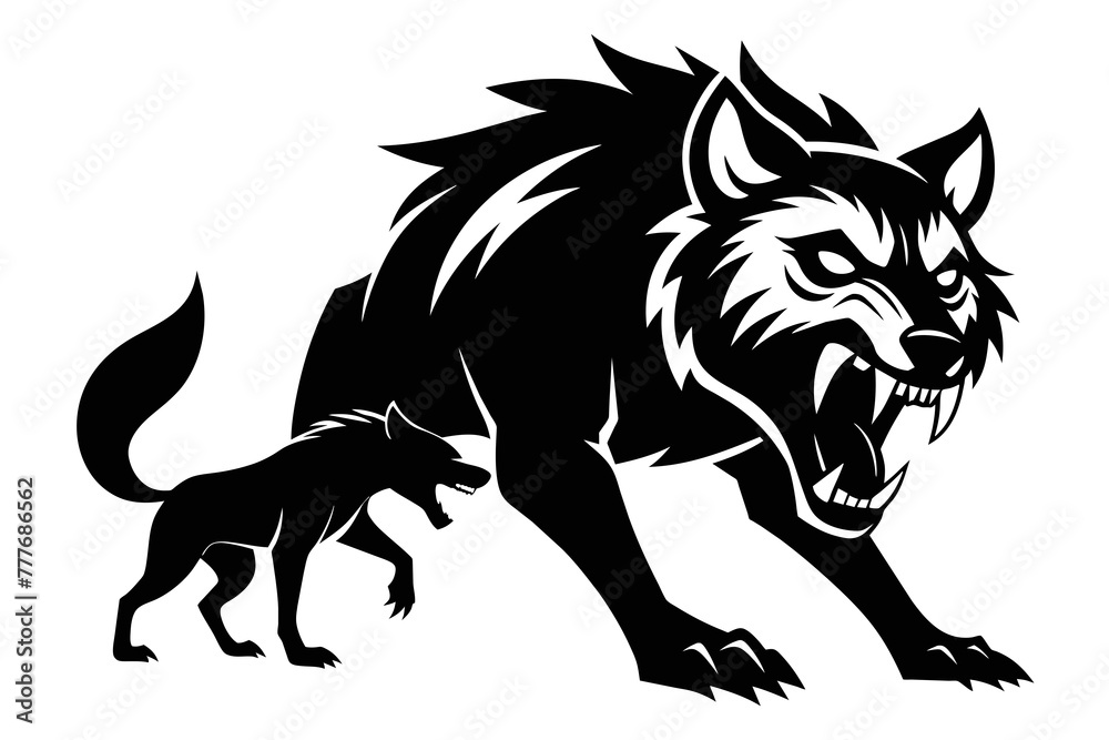 Create a dynamic black and white logo depicting an angry hyena locked in a dramatic confrontation with a formidable opponent, showcasing the resilience and strength of these remarkable animals 