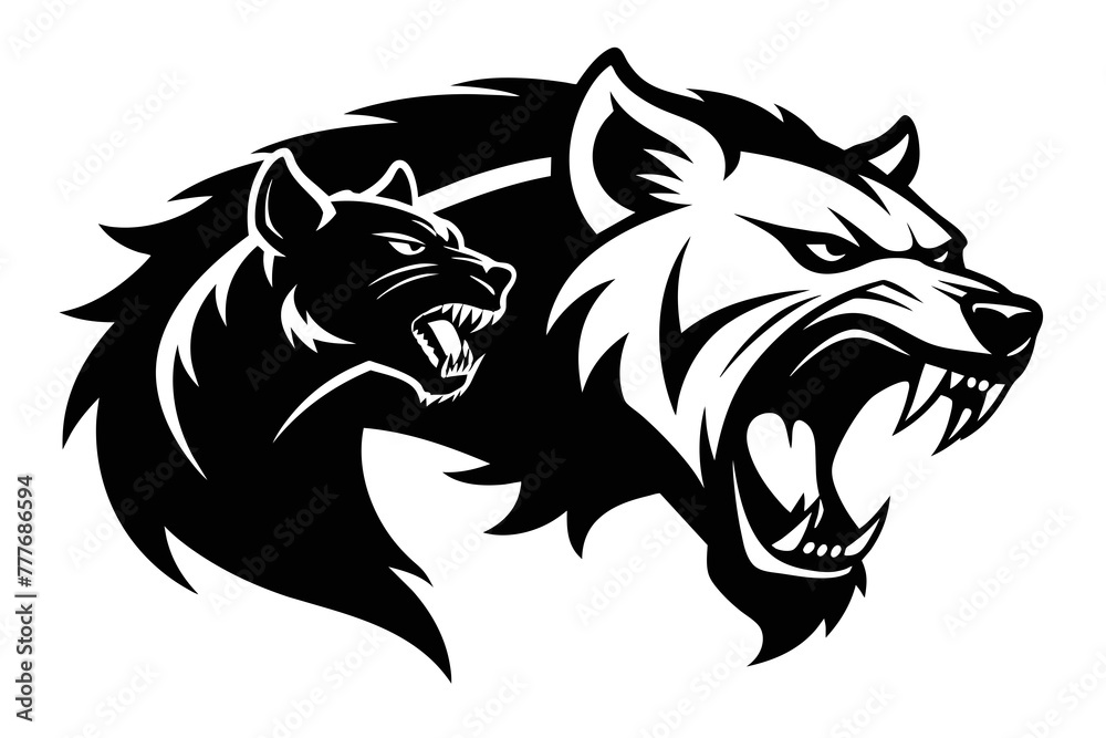 Create a dynamic black and white logo depicting an angry hyena locked in a dramatic confrontation with a formidable opponent, showcasing the resilience and strength of these remarkable animals Create a dynamic black and white logo depicting an angry hyena locked in a dramatic confrontation with a formidable opponent, showcasing the resilience and strength of these remarkable animals