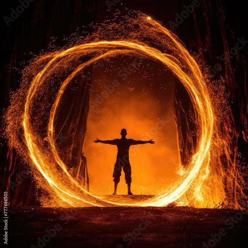 Man silhouette standing on flame circles background. Fireshow in dark night. Human in burning fire