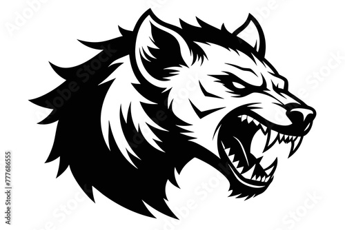 Create a dynamic black and white logo depicting an angry hyena locked in a dramatic confrontation with a formidable opponent, showcasing the resilience and strength of these remarkable animals 