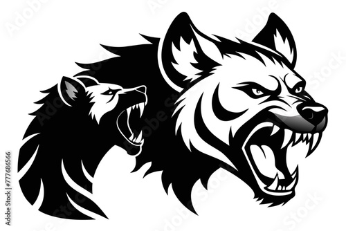 Create a dynamic black and white logo depicting an angry hyena locked in a dramatic confrontation with a formidable opponent, showcasing the resilience and strength of these remarkable animals 