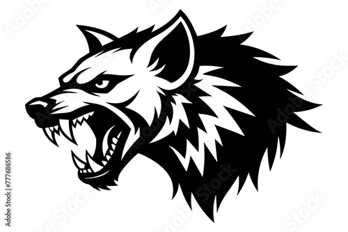 Create a dynamic black and white logo depicting an angry hyena locked in a dramatic confrontation with a formidable opponent, showcasing the resilience and strength of these remarkable animals 