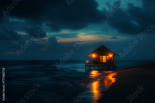 Secluded overwater bungalow with lights at twilight on the ocean. Landscape photography with serene sunset and reflection. Vacation and travel concept for design and print. Copy space