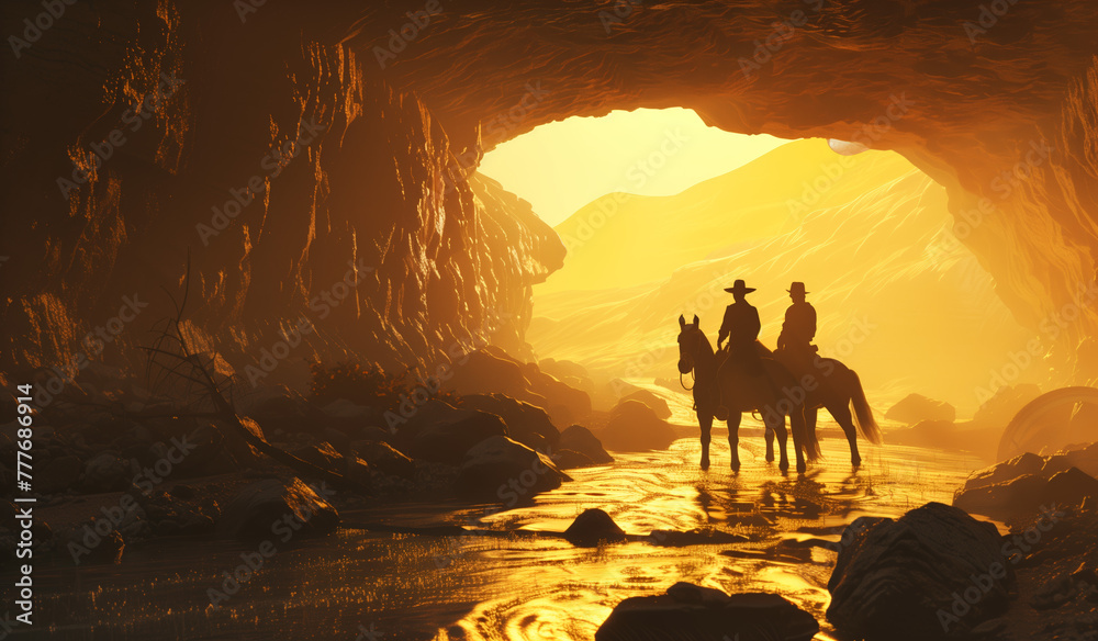 Silhouetted Riders at Cave Entrance. Two silhouetted figures on horseback stand at the mouth of a cave, bathed in the warm glow of a sunset, reflecting the serenity of the scene