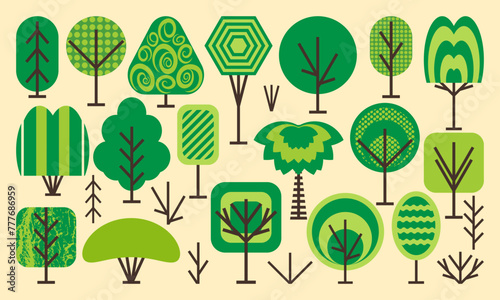 18 different stylized trees and 7 bushes in a minimalist style. Set of vector images