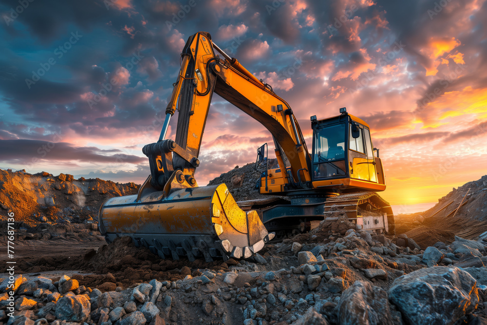 Sunset Excavator at Construction Site. A powerful excavator stands at a construction site under a breathtaking sunset sky, showcasing the synergy between human engineering and natural beauty. Sunset Excavator at Construction Site. A powerful excavator stands at a construction site under a breathtaking sunset sky, showcasing the synergy between human engineering and natural beauty.