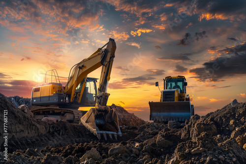 Construction Machinery at Sunset. Excavator and bulldozer on a construction site at dusk.