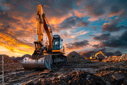 Excavators at Construction Site during Sunset. Two excavators on a construction site with a dramatic sunset sky in the background.