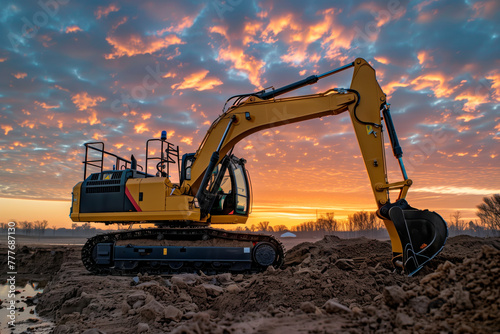 Excavator at Work During Sunrise. A yellow excavator in a construction site silhouetted against a vibrant sunrise. photo