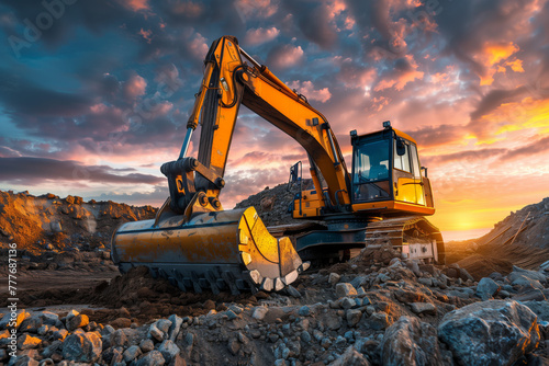 Sunset Excavator at Construction Site. A powerful excavator stands at a construction site under a breathtaking sunset sky, showcasing the synergy between human engineering and natural beauty.